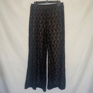 Scrap-Work Black Lace‎ Wide Leg Palazzo Pants Flare Womens L Boho Whimsygoth